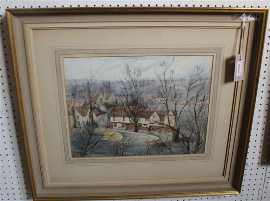 Charles Brooker, watercolour, boats moored in an estuary, signed & Lena Dearing, watercolour, Loose Village